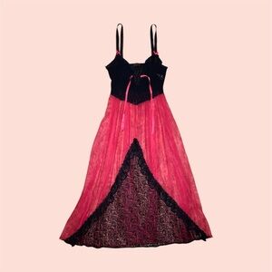 Red Chiffon & Black Lace Slip Dress